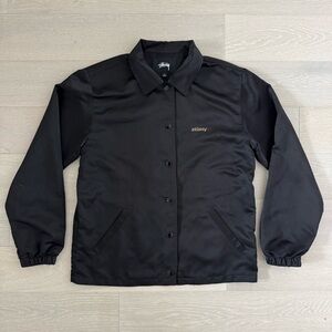 Stussy Black Satin Coaches Jacket with Snap Closure - Size Small